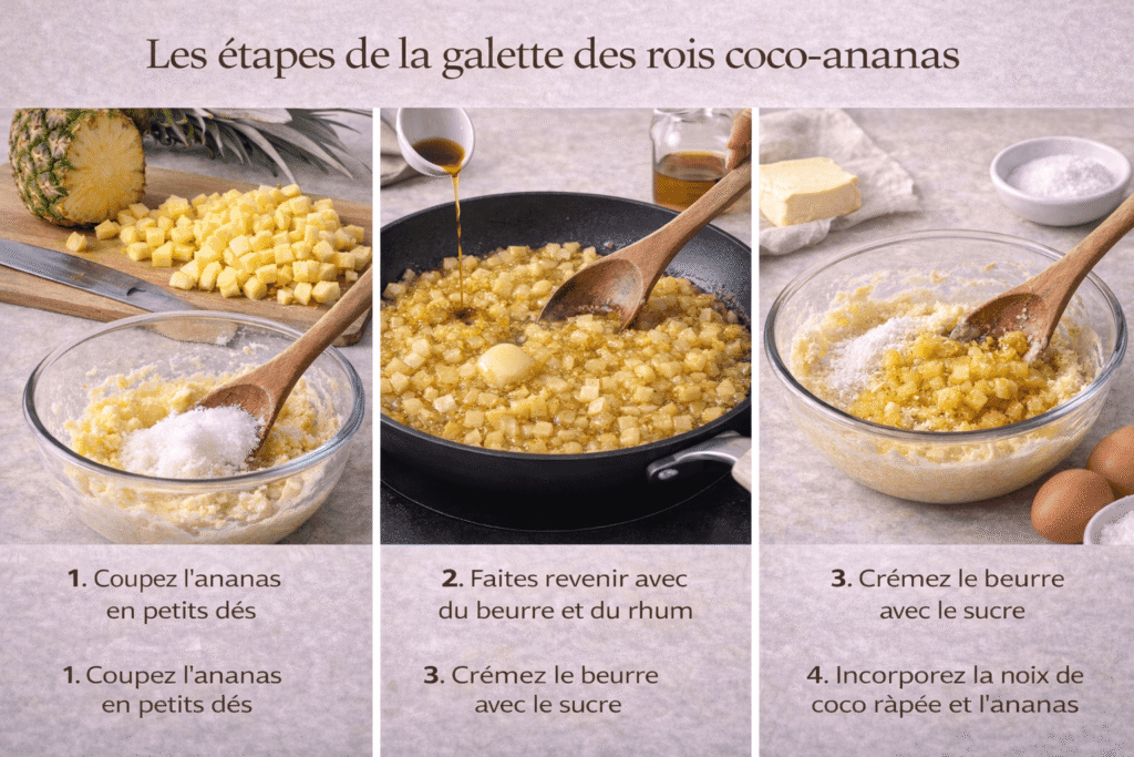 les différentes étapes de la compotée d'ananas pour une galette des rois coco ananas
