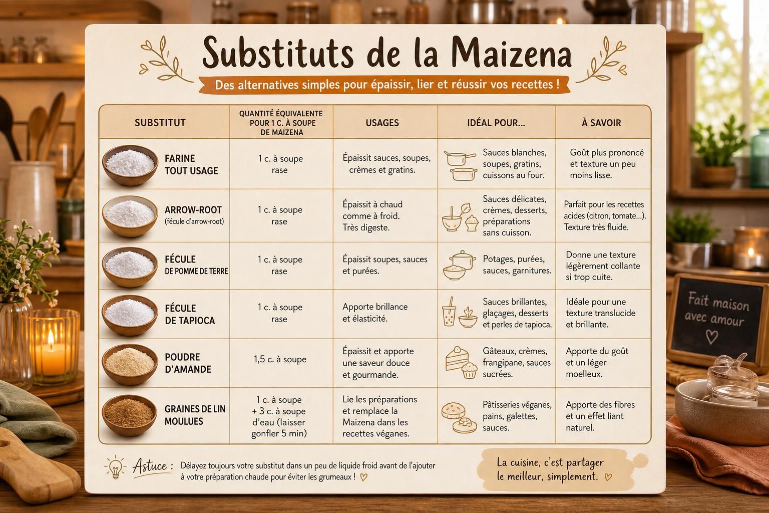 découvrez des alternatives simples et efficaces à la maïzena pour épaissir vos sauces et desserts sans compromis sur la texture ni le goût.